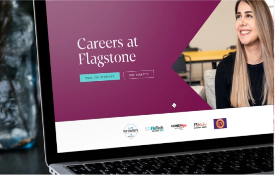Laptop screenshot showing Flagstone's careers webpage interface with a modern design and content about job opportunities